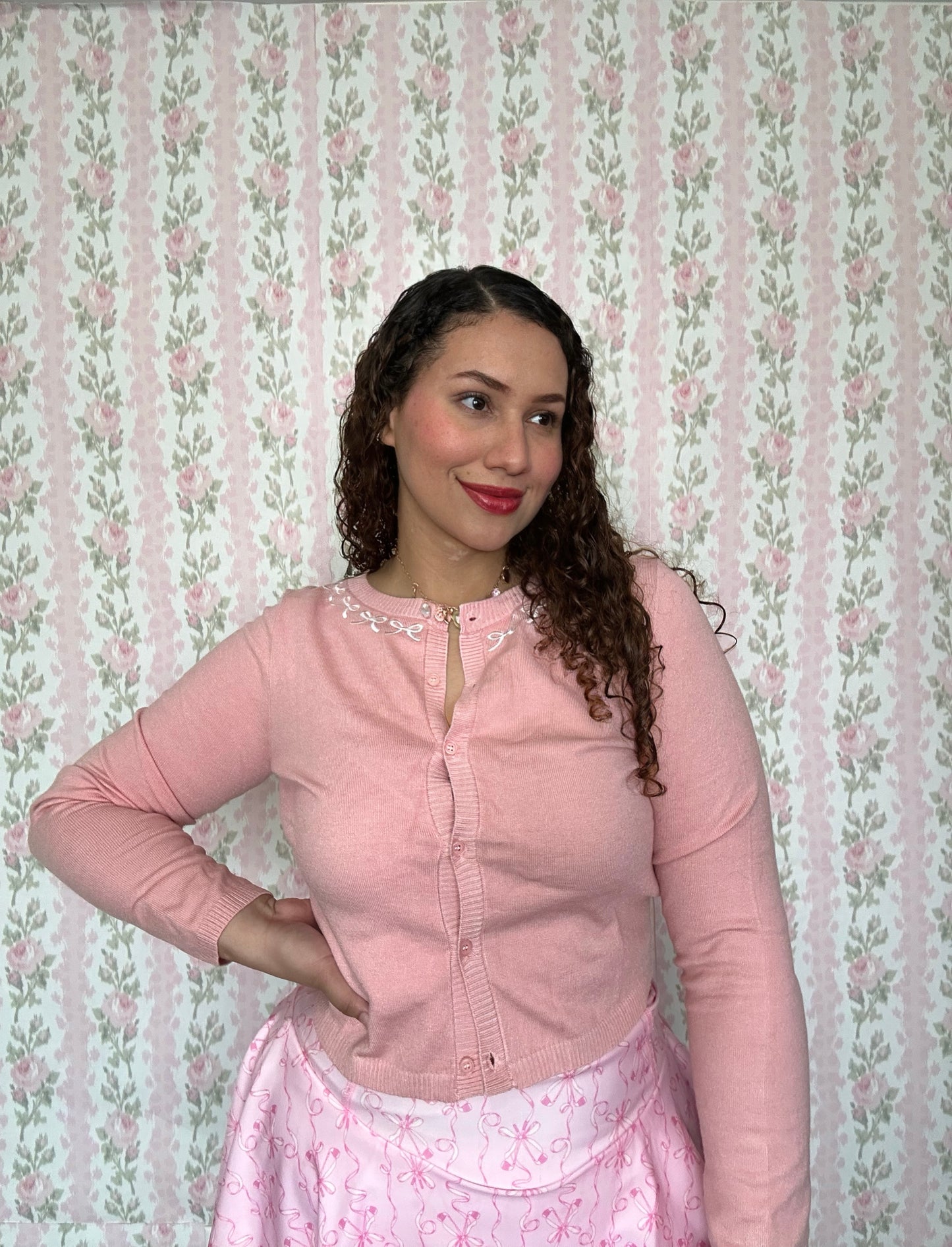Pinkess Bow Embroidery Cardigan