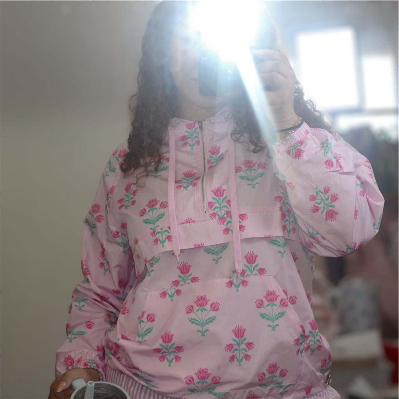 Jody Loves Flowers Floral Oversized Printed Half Zip Windbreaker Jacket