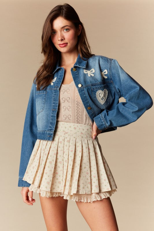 Bow & Lace Cropped Denim Jacket
