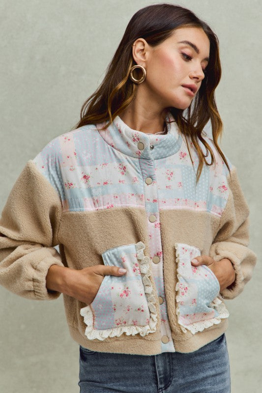 Floral Print With Ruffle Sherpa Jacket