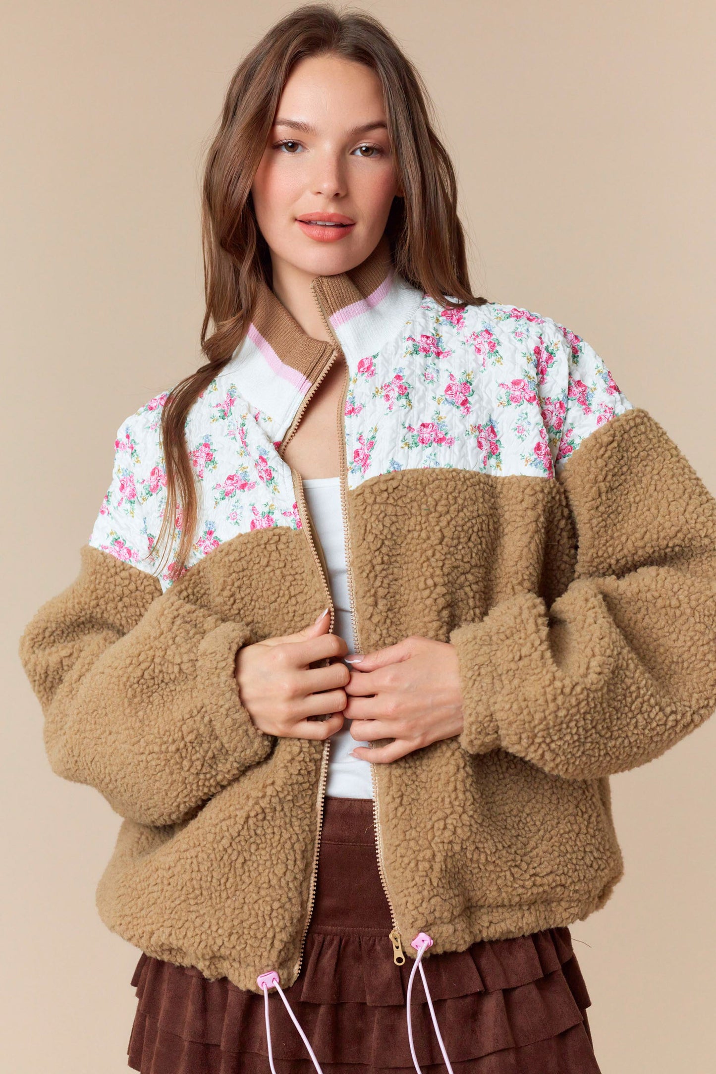 Floral Printed Contrast Sherpa Zip-Up Jacket