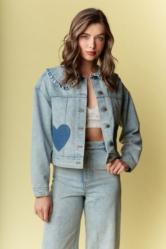 Amiel Hearts Castle Cotton Patch Denim Jacket With Ruffle Collar