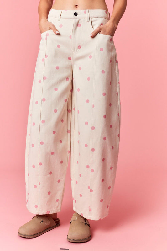 Polka Dot Printed Wide Denim Pants