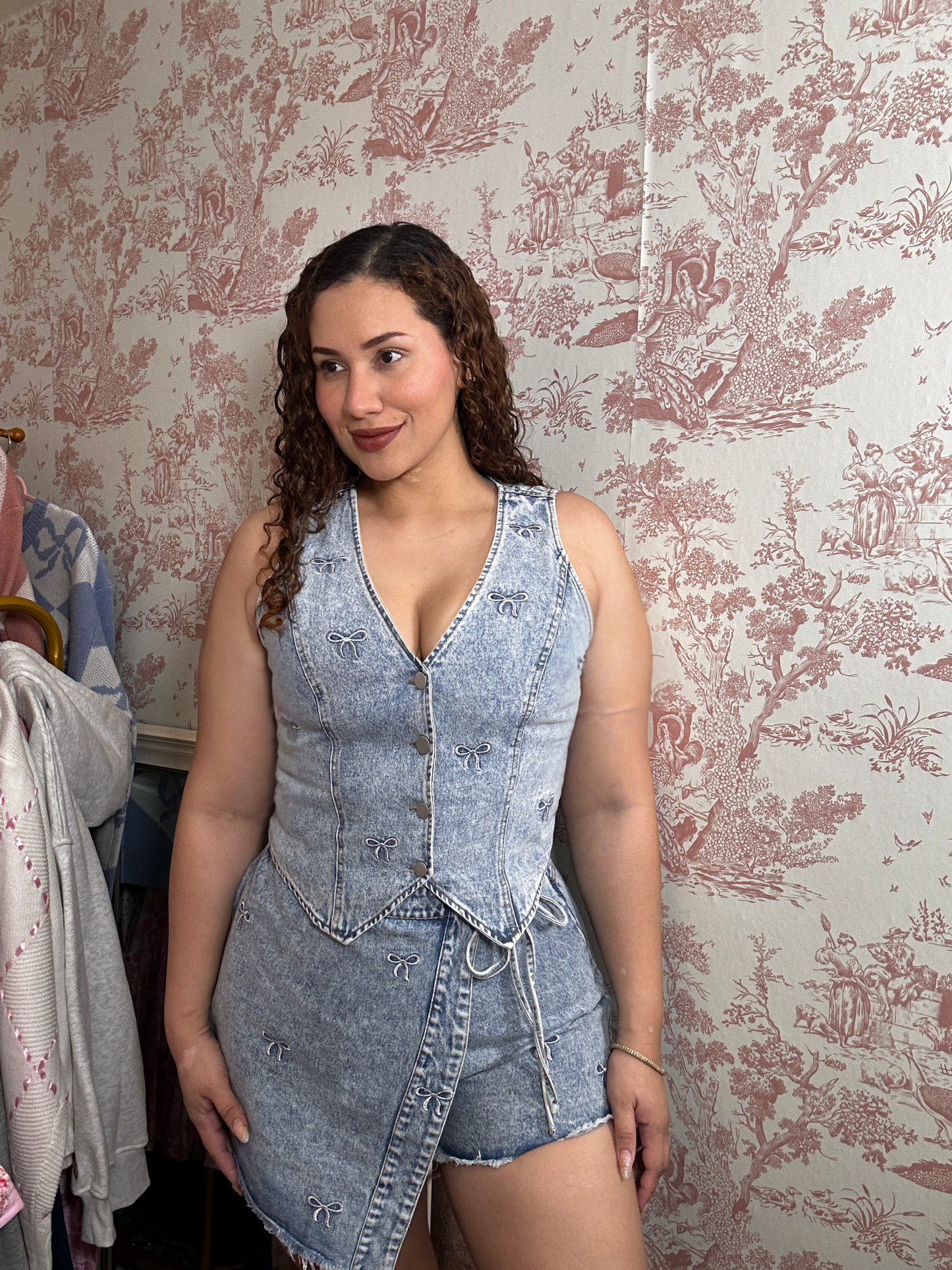 Mariam’s Dreamy Bows Cotton Denim Set Vest And Wrap Skort With Embroidery