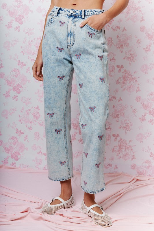 Coquette Darling Bow Embroidered Cropped Jeans