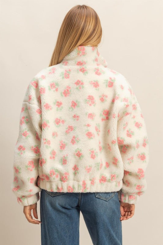 Comfy Floral Print Sherpa Zip Up Jacket Pink