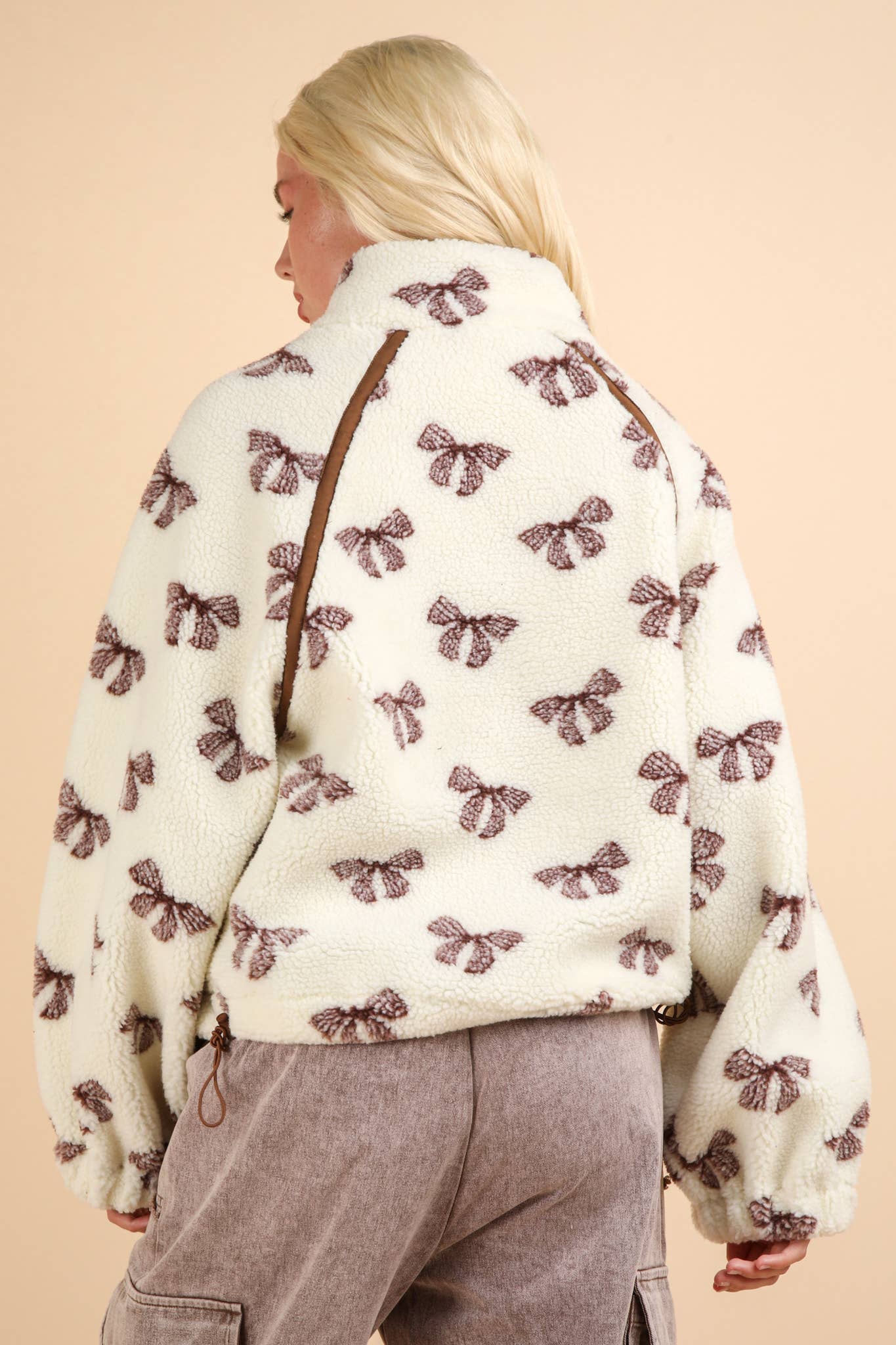 Bow Princess Cream Oversized Printed Fleece Henley Zip Up Top with Pockets