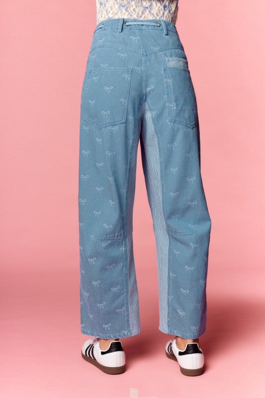 Bow Embroidered Barrel Pants