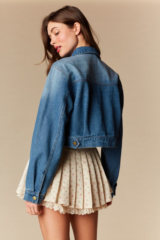 Bow & Lace Cropped Denim Jacket