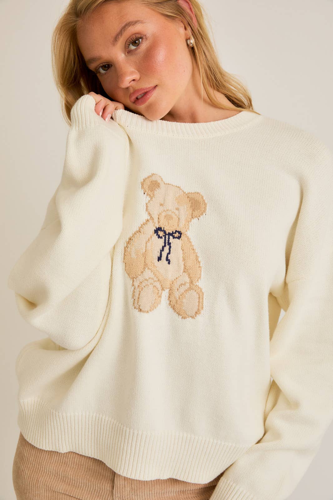 Beary Sweet Oversized Long Sleeve Crew Neck Teddy Bear Graphic Sweater