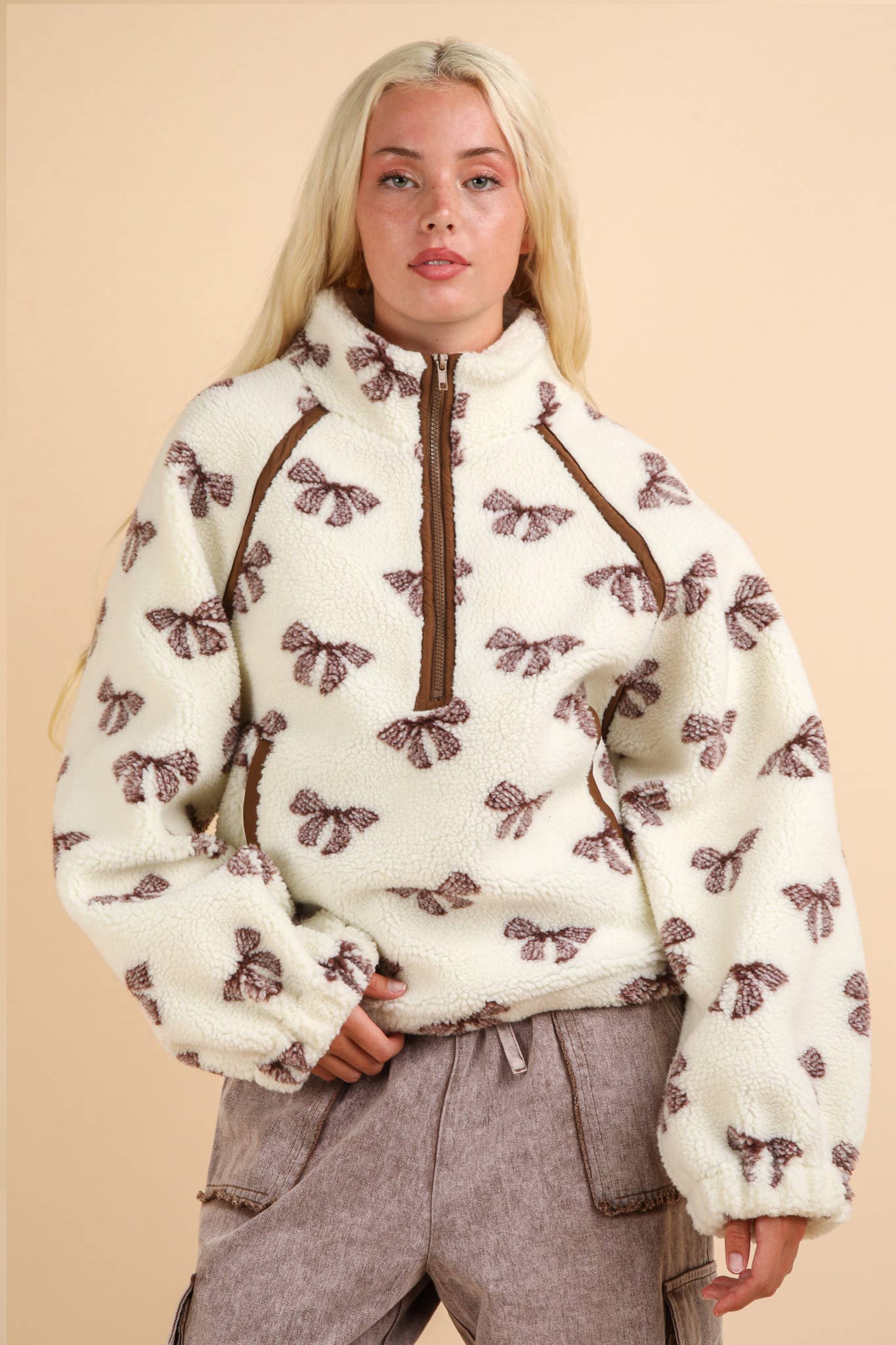 Bow Princess Cream Oversized Printed Fleece Henley Zip Up Top with Pockets