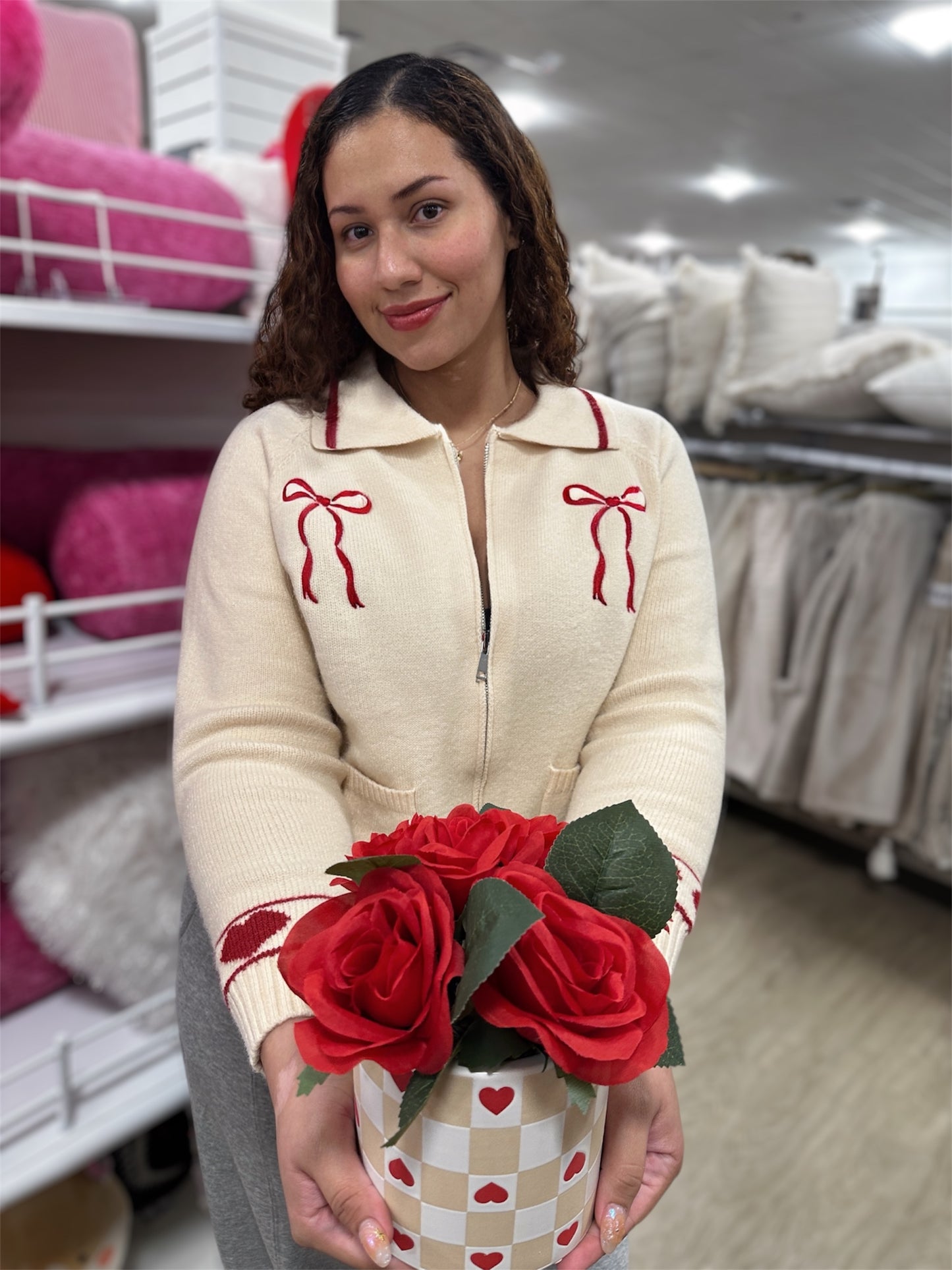 Love Season Zip-Up Cardigan with Red Bow Embroidery