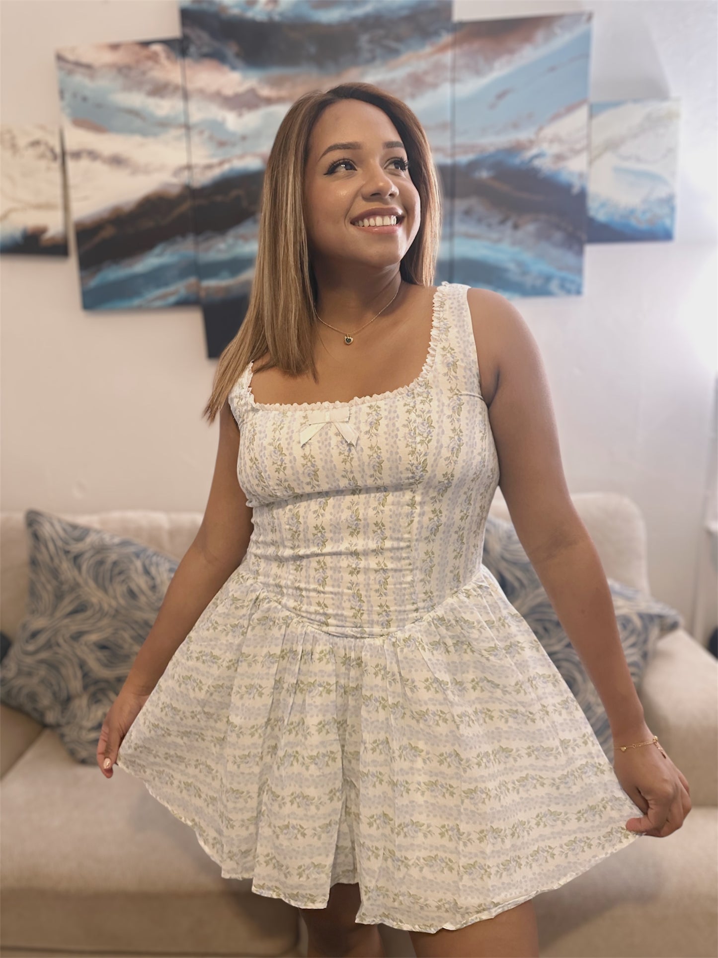 Whimsical Garden Blue Floral Mini Dress