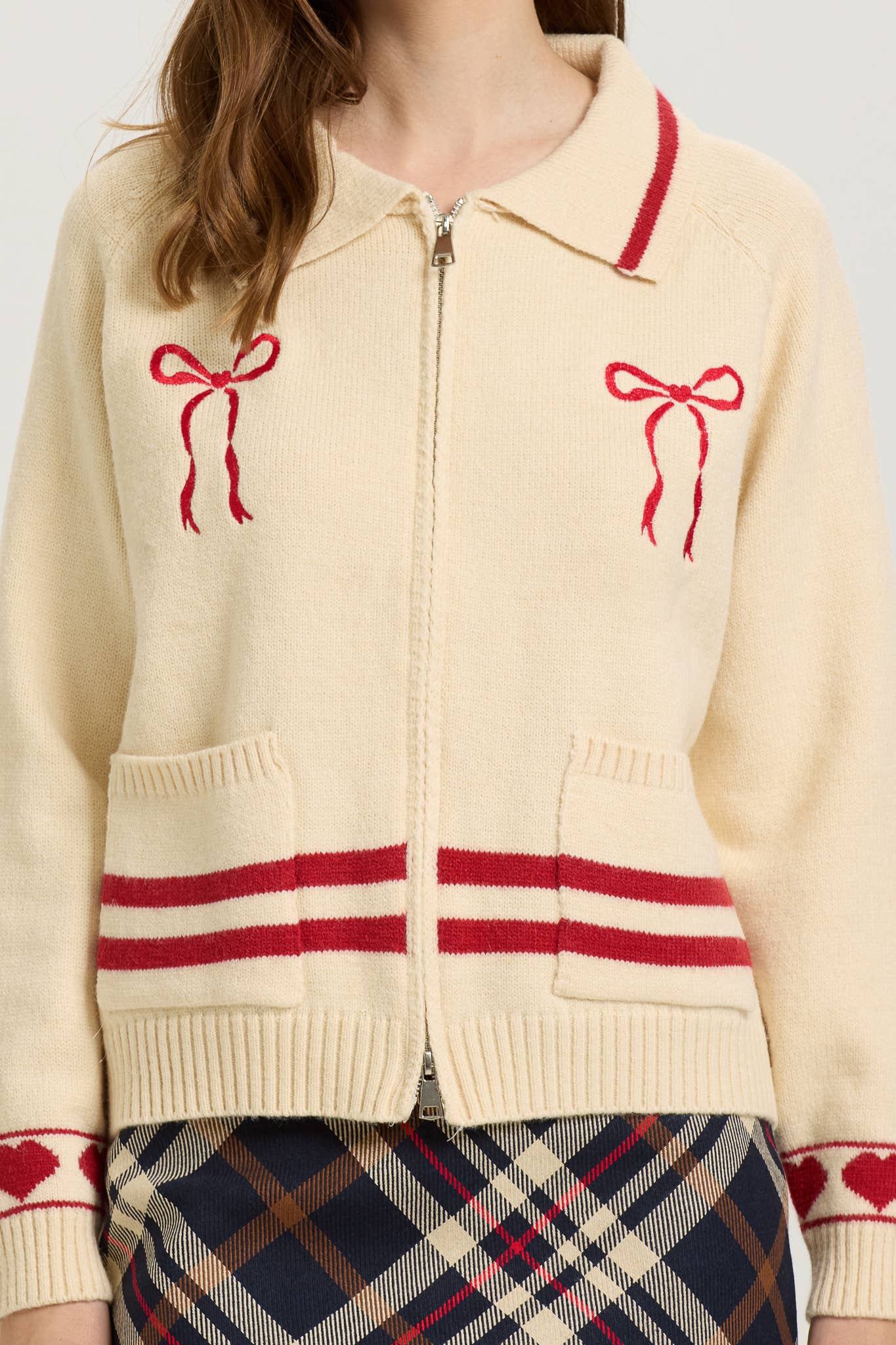 Love Season Zip-Up Cardigan with Red Bow Embroidery