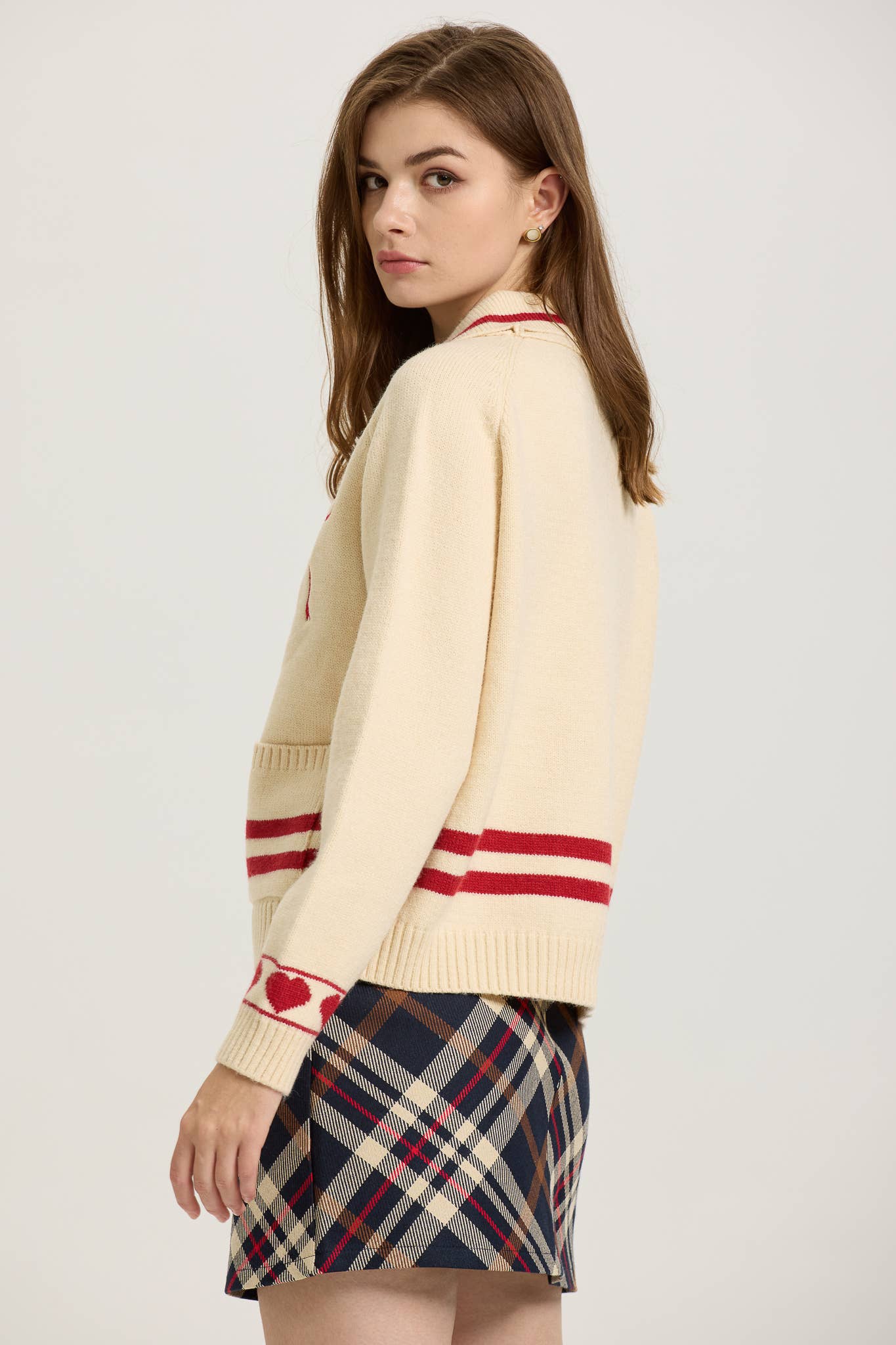 Love Season Zip-Up Cardigan with Red Bow Embroidery