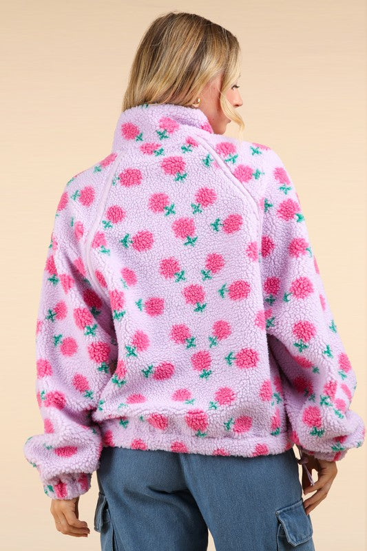 Lavender Princess Oversized Printed Fleece Henley Zip Up Top with Pockets