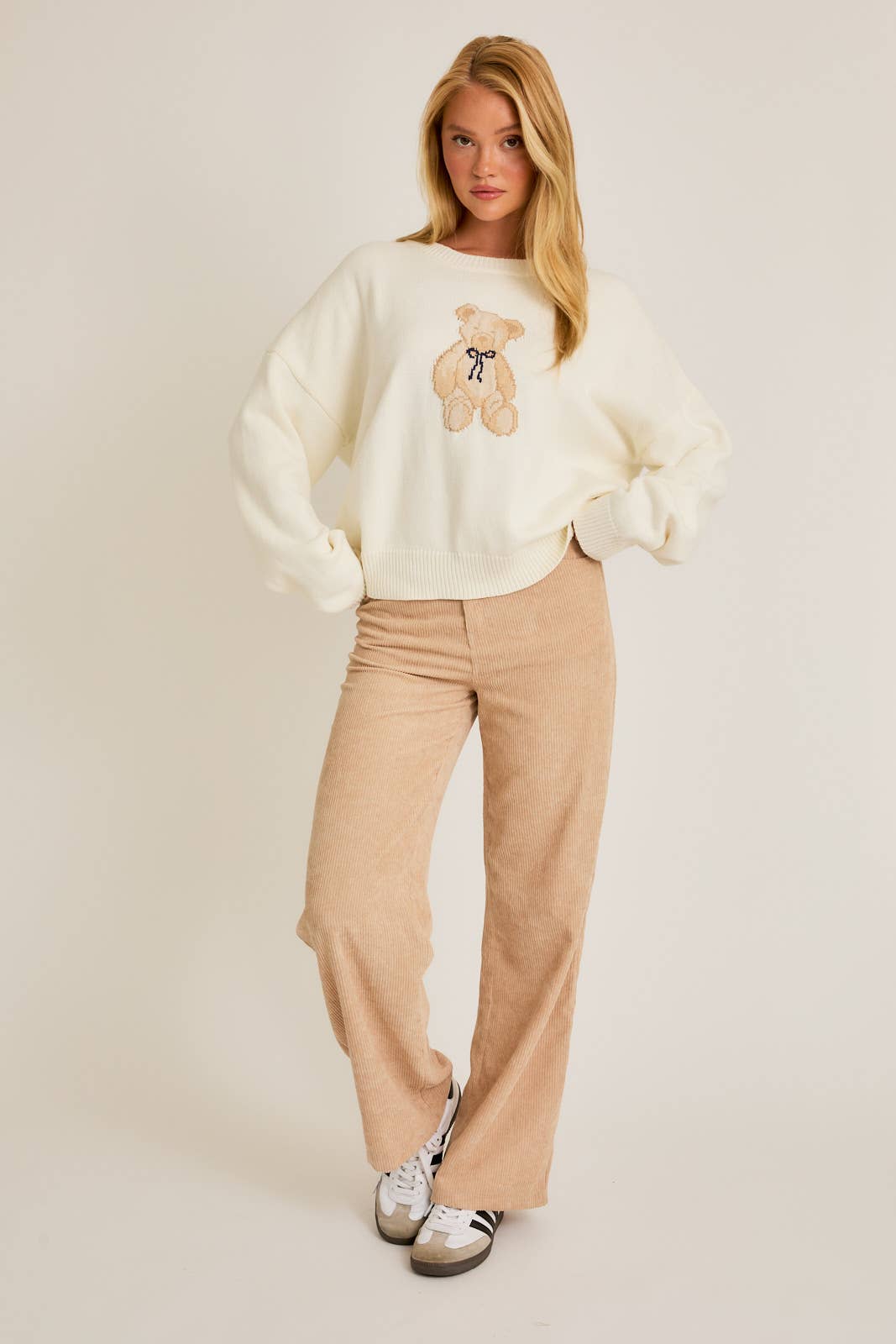 Beary Sweet Oversized Long Sleeve Crew Neck Teddy Bear Graphic Sweater