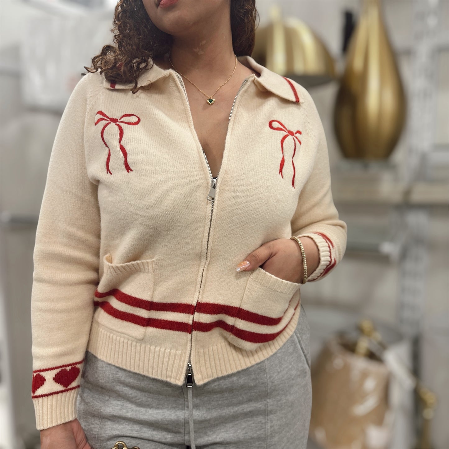 Love Season Zip-Up Cardigan with Red Bow Embroidery