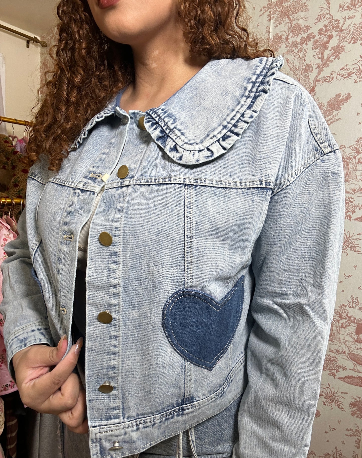 Amiel Hearts Castle Cotton Patch Denim Jacket With Ruffle Collar