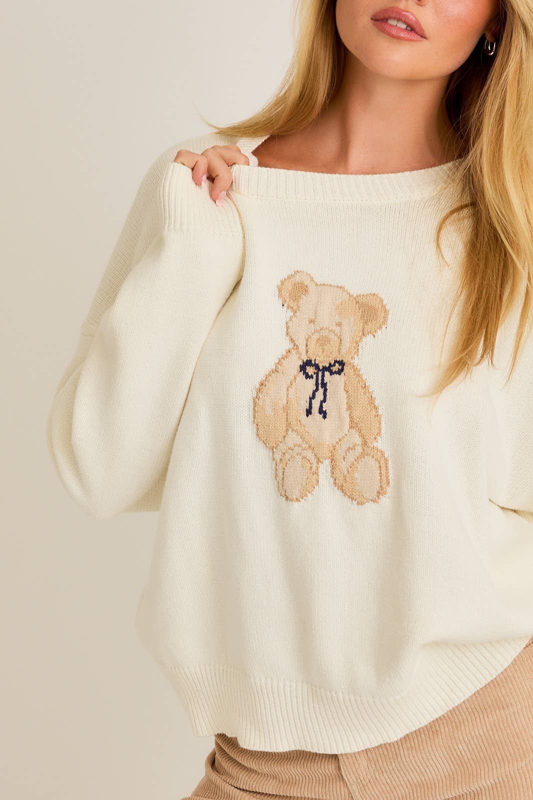 Beary Sweet Oversized Long Sleeve Crew Neck Teddy Bear Graphic Sweater