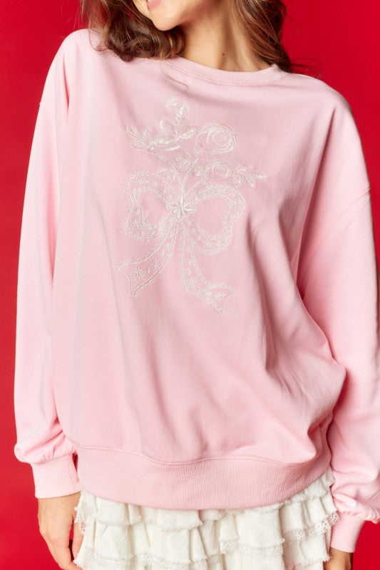 Ribbon Lurex Embroidery Sweater Pink