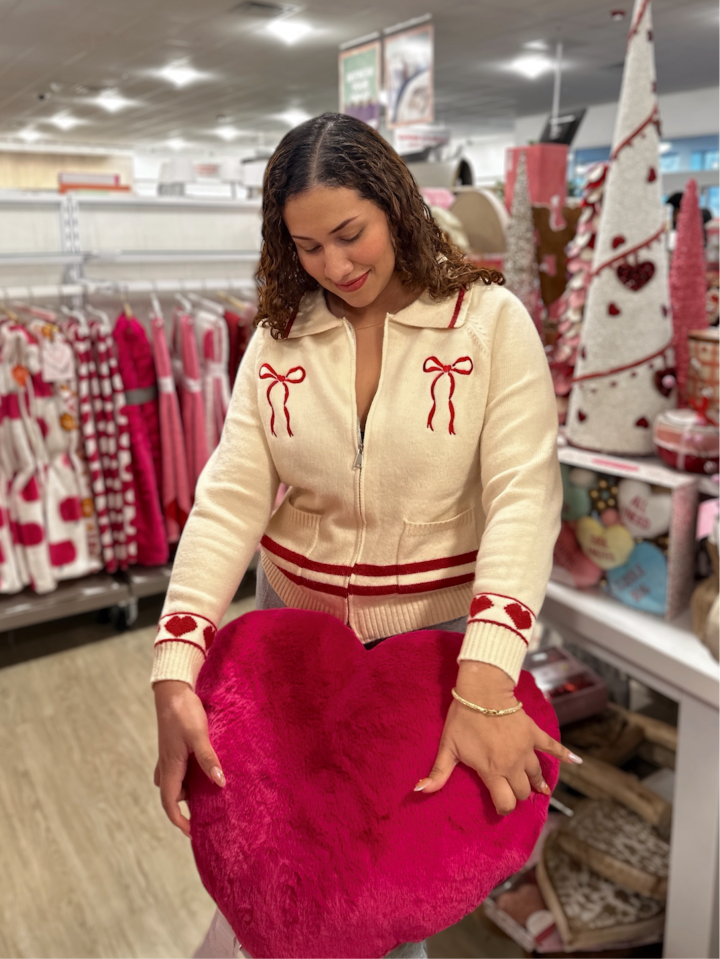 Love Season Zip-Up Cardigan with Red Bow Embroidery