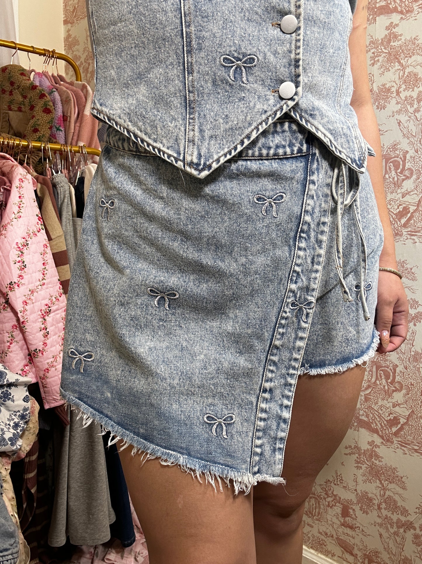 Mariam’s Dreamy Bows Cotton Denim Set Vest And Wrap Skort With Embroidery