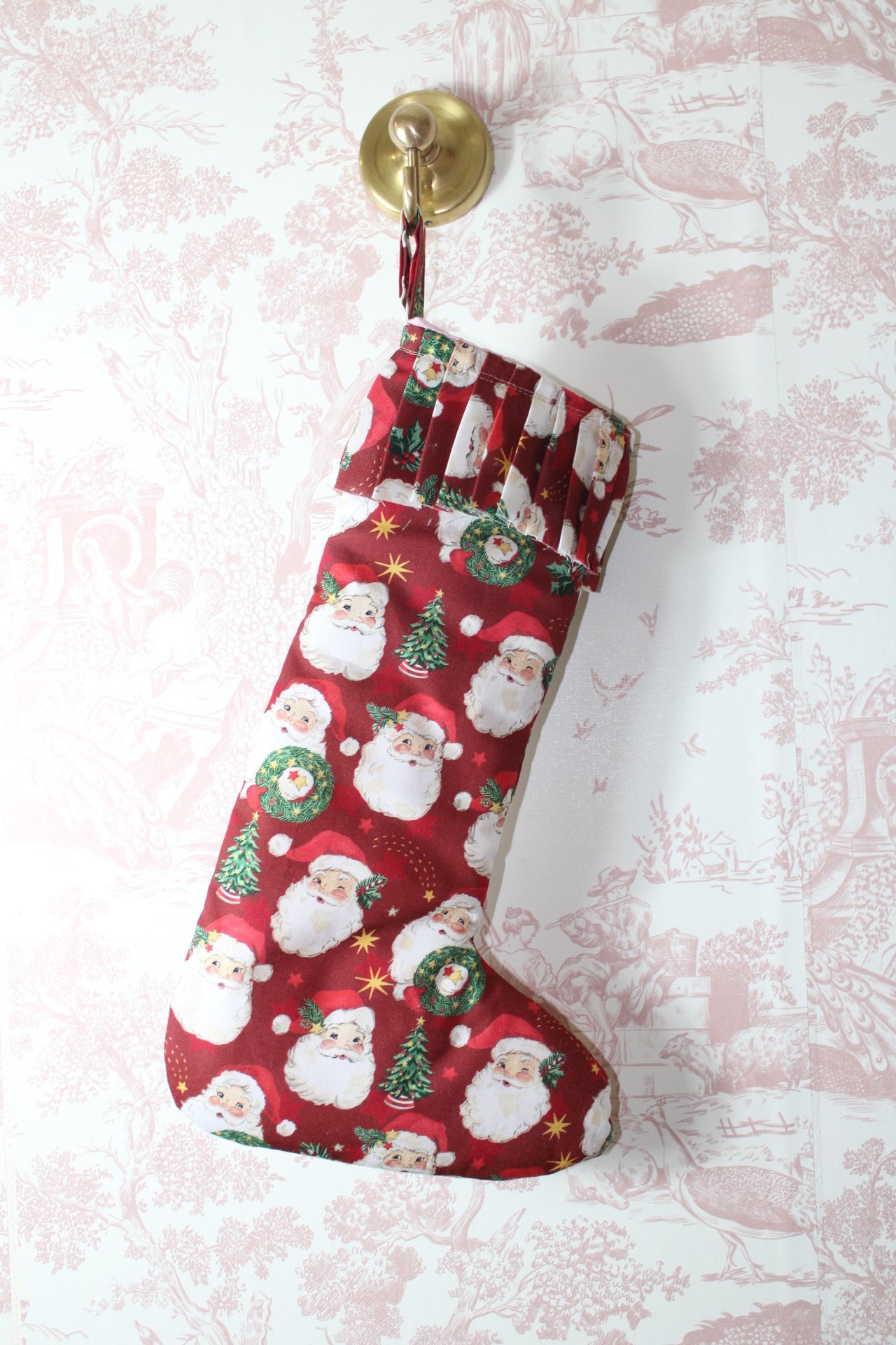 Santa Handmade Stocking With Ruffle Trim
