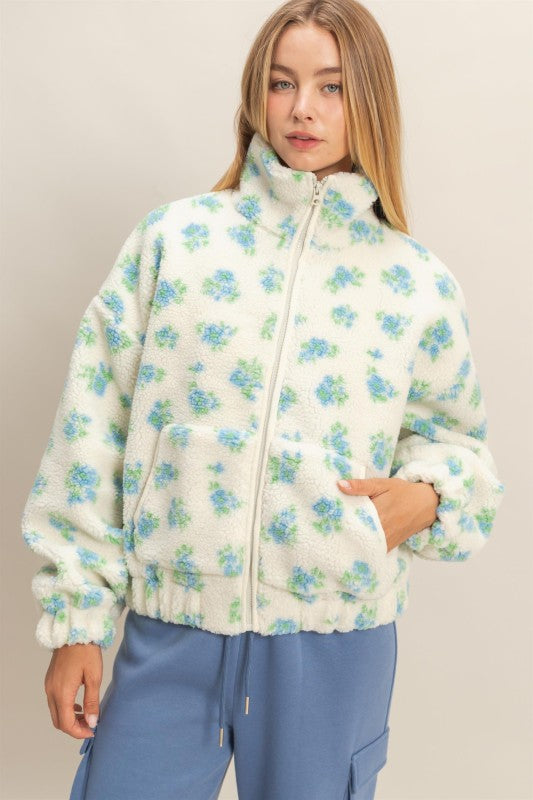 Comfy Floral Print Sherpa Zip Up Jacket Blue