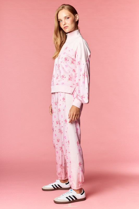 Pink Floral Terry Zip Up Set