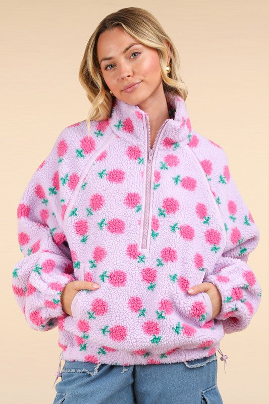 Lavender Princess Oversized Printed Fleece Henley Zip Up Top with Pockets
