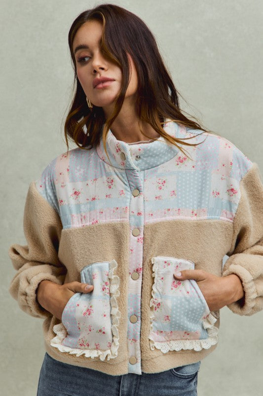 Floral Print With Ruffle Sherpa Jacket