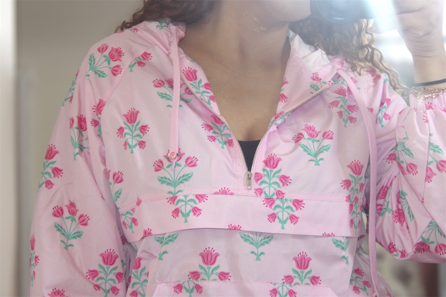 Jody Loves Flowers Floral Oversized Printed Half Zip Windbreaker Jacket