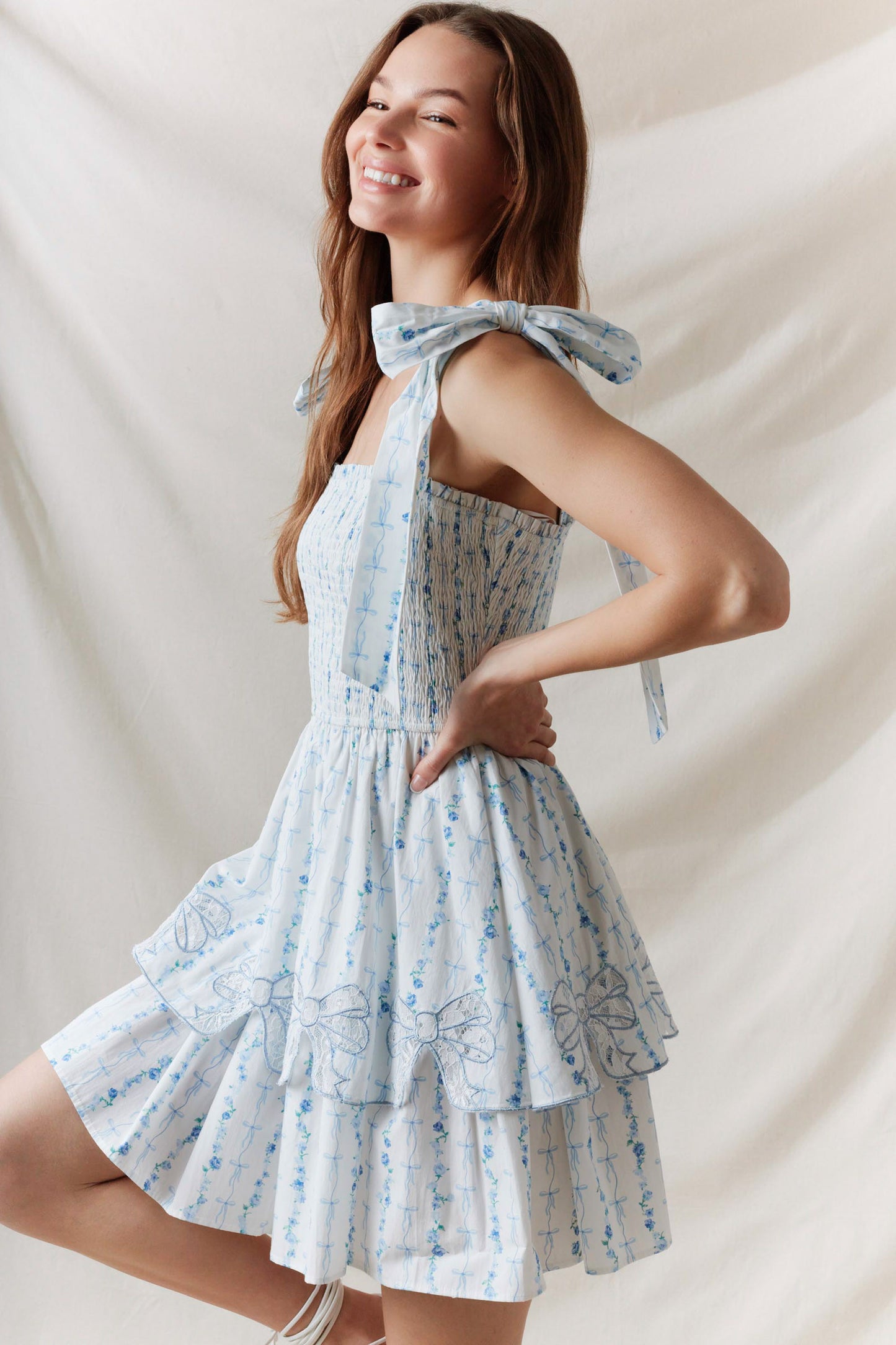 Pre Order Floral Bows Blue Mini Dress