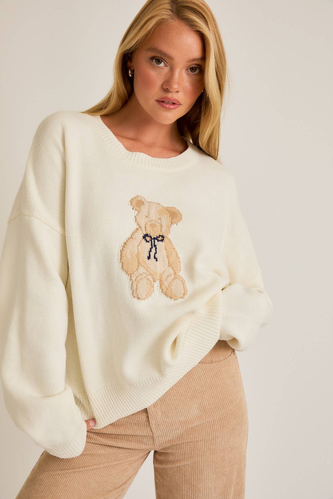 Beary Sweet Oversized Long Sleeve Crew Neck Teddy Bear Graphic Sweater