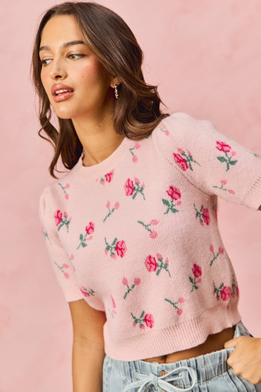 Floral Puff Sleeves Sweater Top