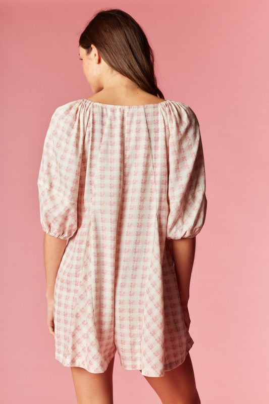 Check Puff Sleeve Romper