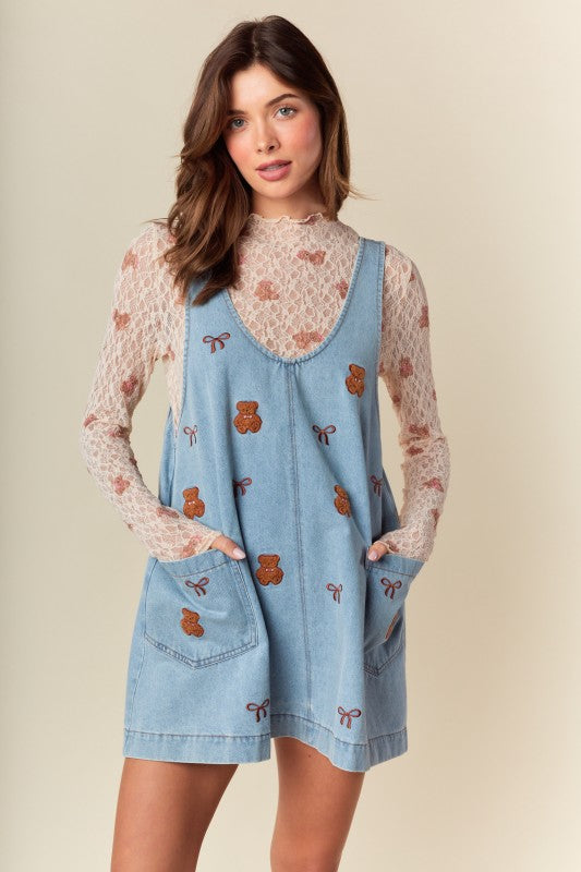 Teddess Embroidery Denim Jumper Dress