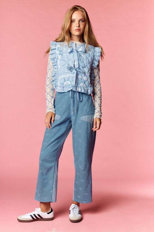 Bow Embroidered Barrel Pants