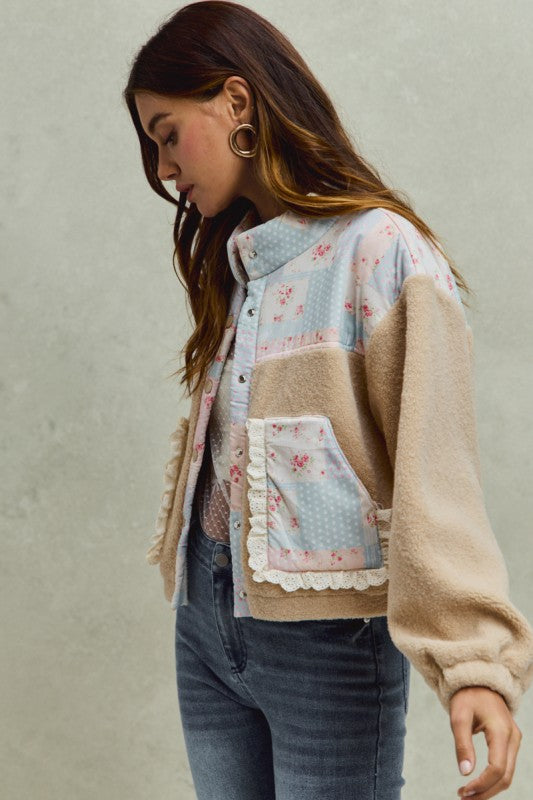Floral Print With Ruffle Sherpa Jacket