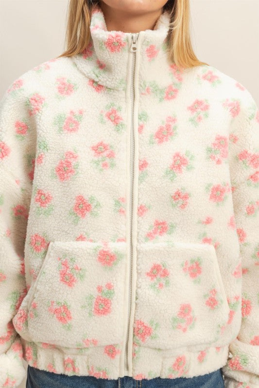 Comfy Floral Print Sherpa Zip Up Jacket Pink