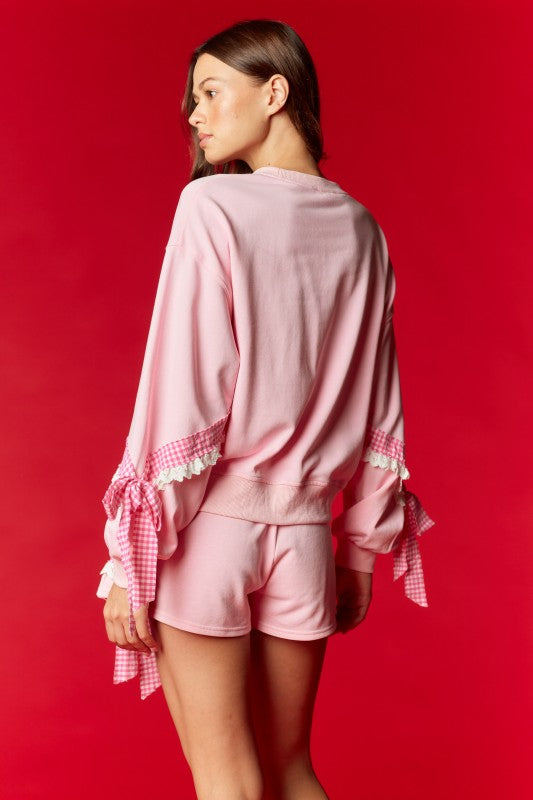 Pink Gingham Xoxo Ribbon Sweatshirt Set