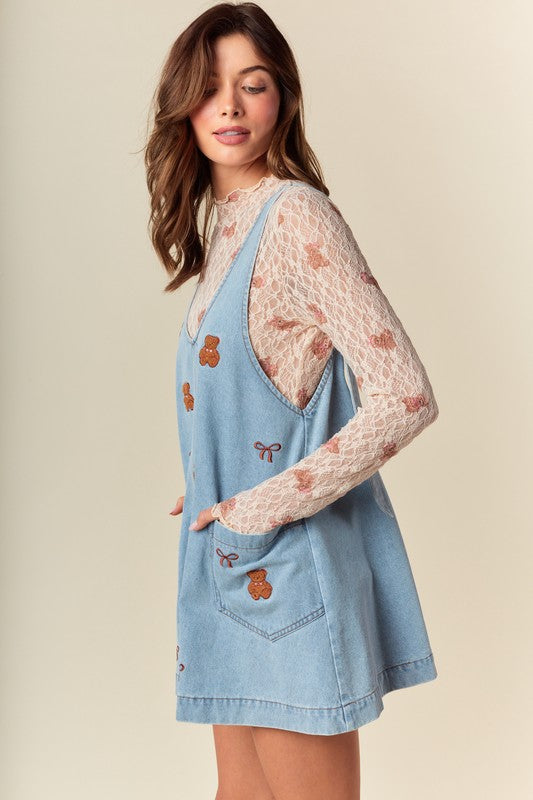 Teddess Embroidery Denim Jumper Dress