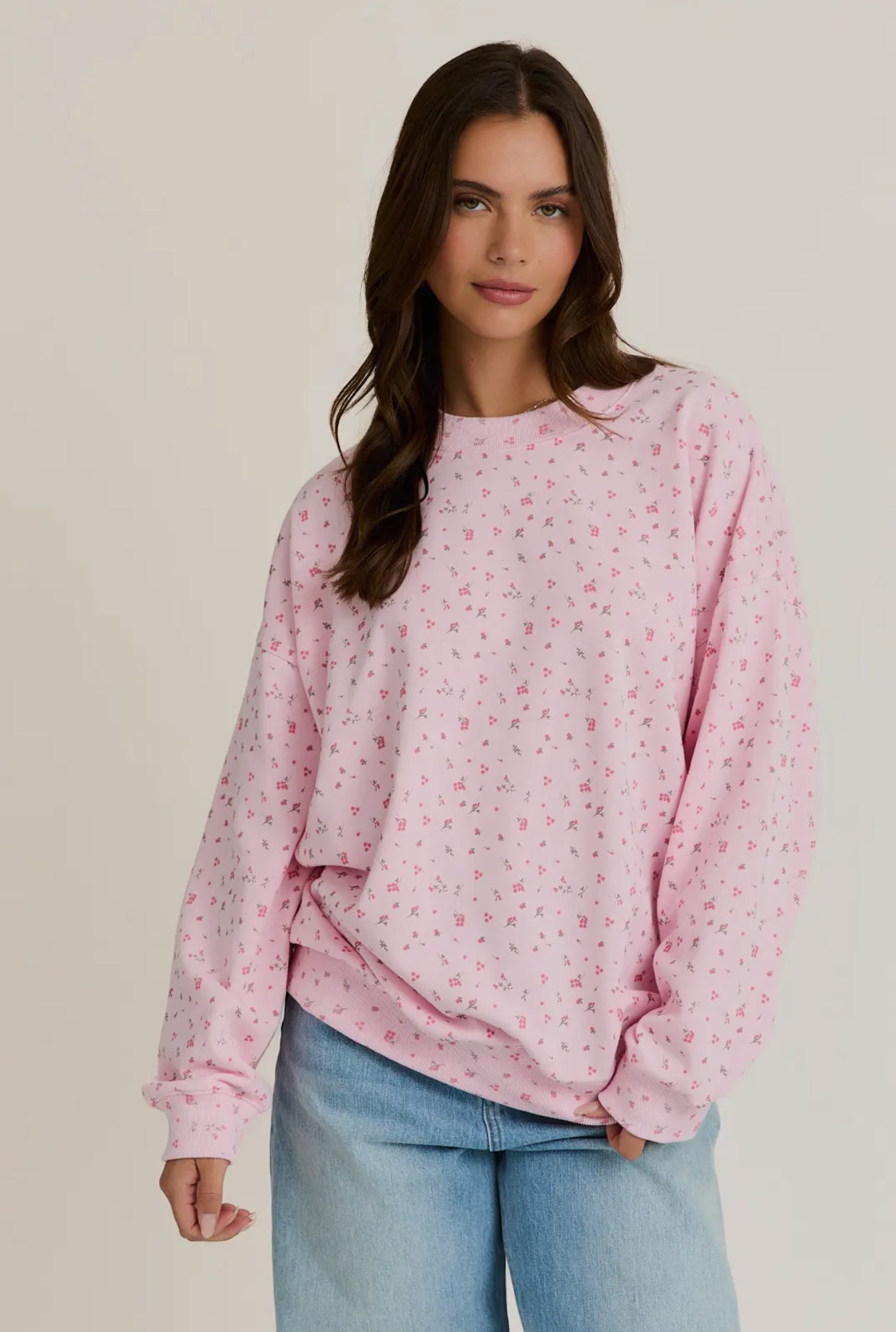 Ditsy Pink Palace Crew Neck Ditsy Floral Printed Oversized Sweatshirt