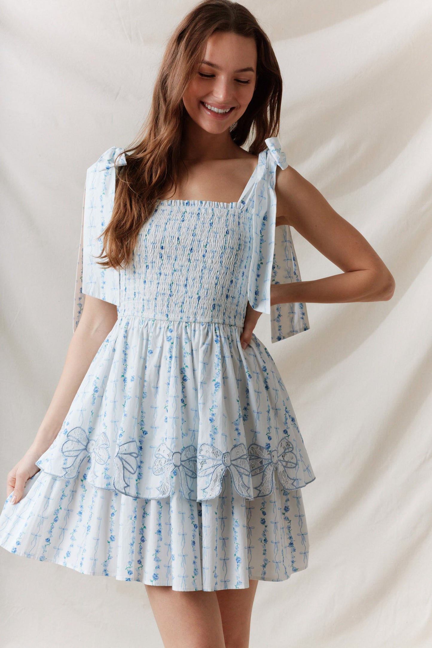 Pre Order Floral Bows Blue Mini Dress