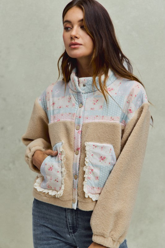 Floral Print With Ruffle Sherpa Jacket