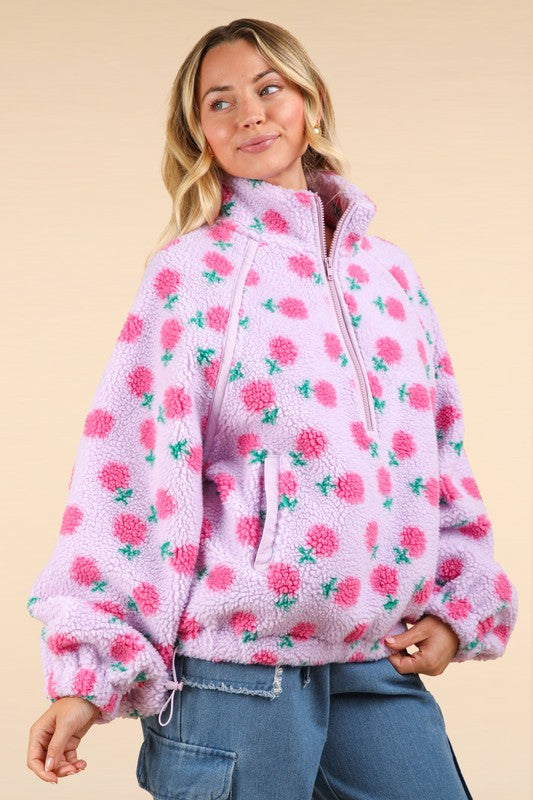 Lavender Princess Oversized Printed Fleece Henley Zip Up Top with Pockets