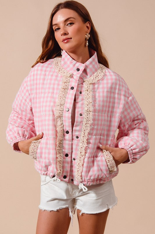 Sweet and Pinky Gingham Puffy Jacket