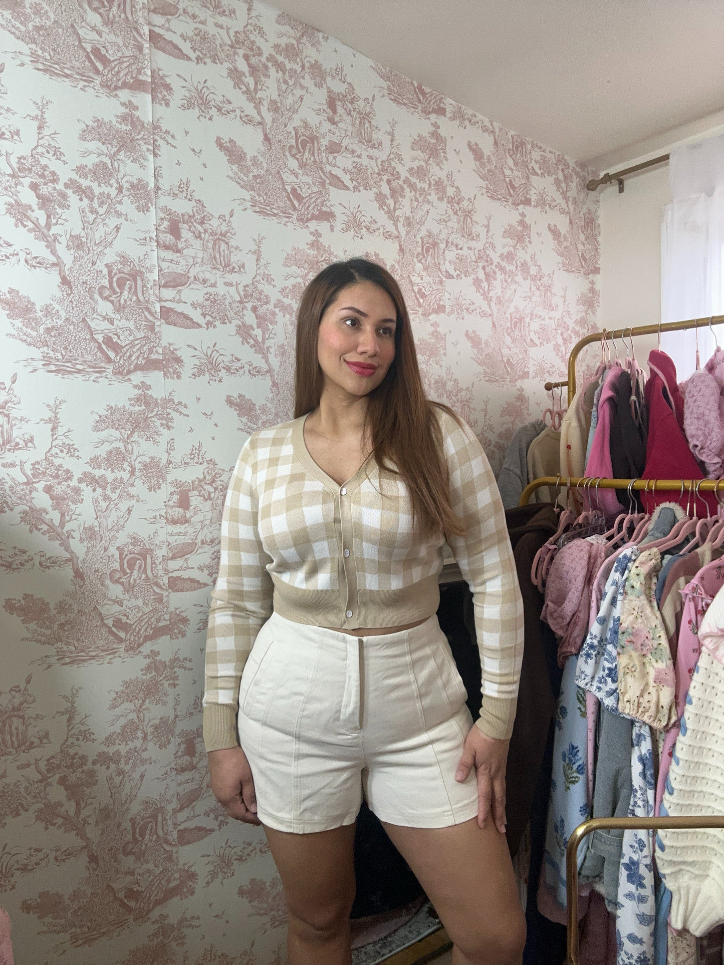 Girls On Board! Gingham Cotton Blend Beige Cardigan