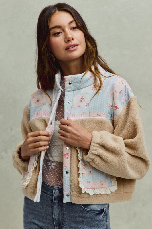 Floral Print With Ruffle Sherpa Jacket